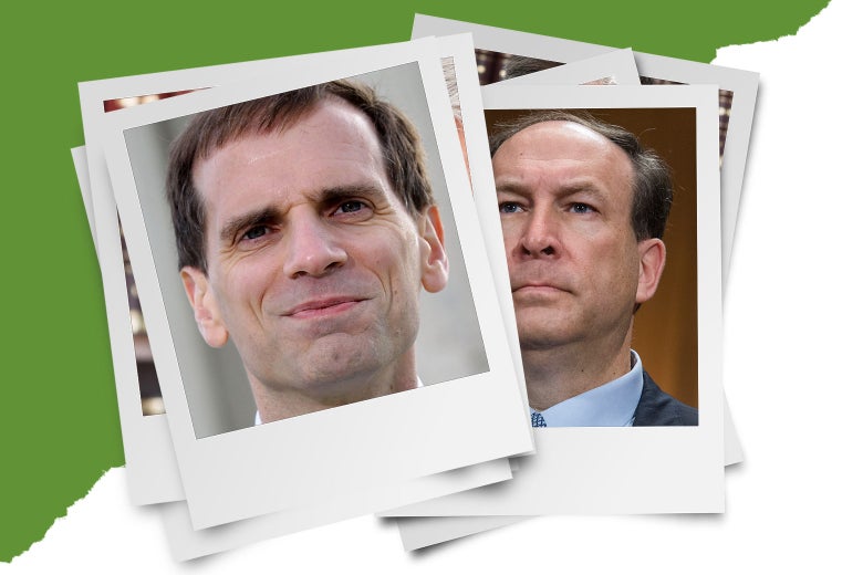 Judges Gregory G. Katsas and Michael B. Brennan on stacks of photos.